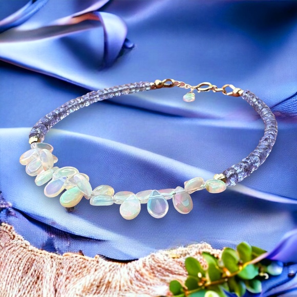 Handmade Natural Welo Opal and Tanzanite Bracelet Solid 14k Gold , 7.5" - 7.9" - Picture 7 of 7